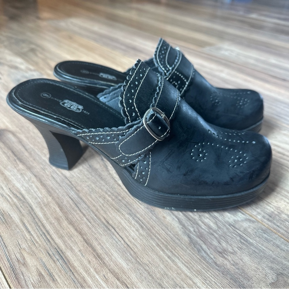 Vintage 90s y2k Bratz Black Chunky Heel Platform Buckle Mules Route 66 Size 9